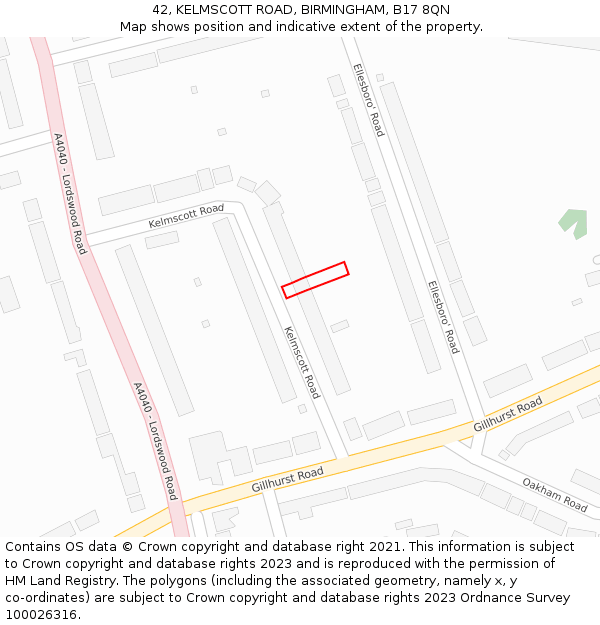 42, KELMSCOTT ROAD, BIRMINGHAM, B17 8QN: Location map and indicative extent of plot