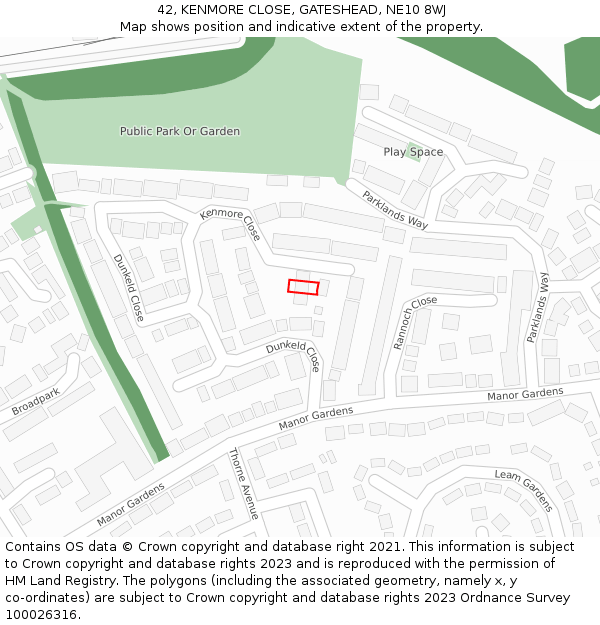 42, KENMORE CLOSE, GATESHEAD, NE10 8WJ: Location map and indicative extent of plot