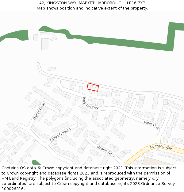 42, KINGSTON WAY, MARKET HARBOROUGH, LE16 7XB: Location map and indicative extent of plot