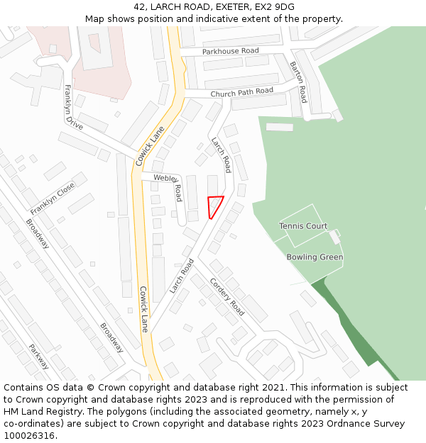 42, LARCH ROAD, EXETER, EX2 9DG: Location map and indicative extent of plot