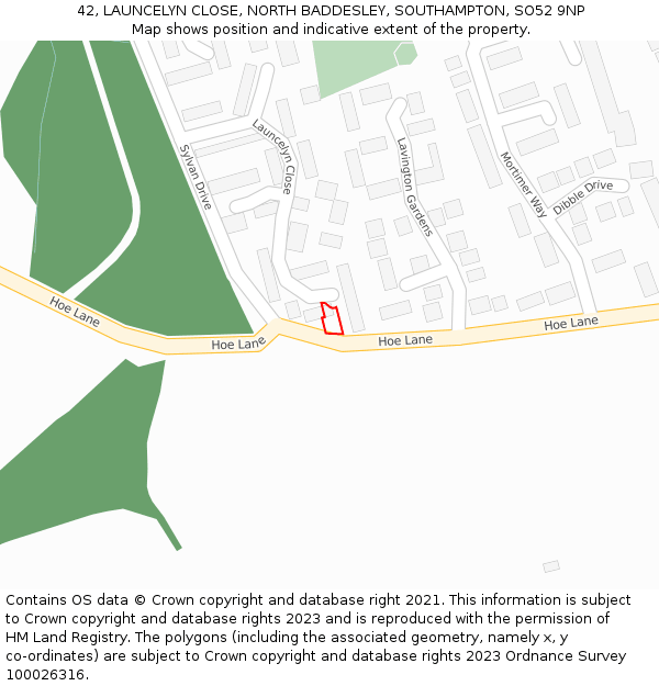 42, LAUNCELYN CLOSE, NORTH BADDESLEY, SOUTHAMPTON, SO52 9NP: Location map and indicative extent of plot