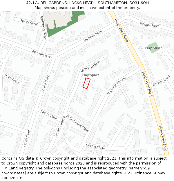 42, LAUREL GARDENS, LOCKS HEATH, SOUTHAMPTON, SO31 6QH: Location map and indicative extent of plot
