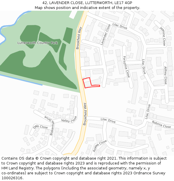 42, LAVENDER CLOSE, LUTTERWORTH, LE17 4GP: Location map and indicative extent of plot