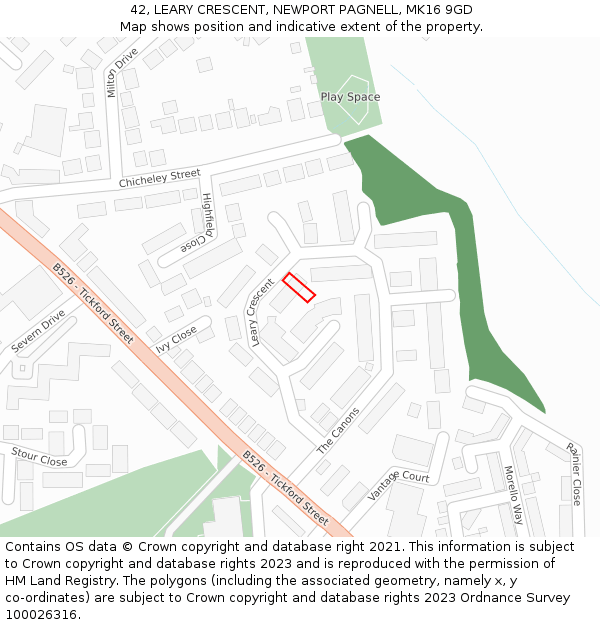 42, LEARY CRESCENT, NEWPORT PAGNELL, MK16 9GD: Location map and indicative extent of plot