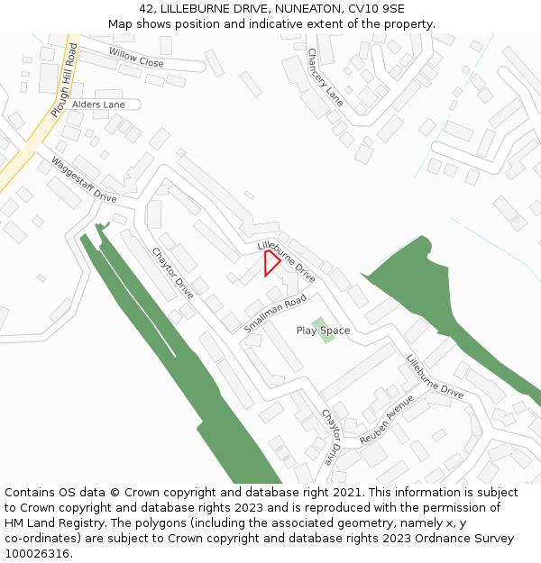 42, LILLEBURNE DRIVE, NUNEATON, CV10 9SE: Location map and indicative extent of plot