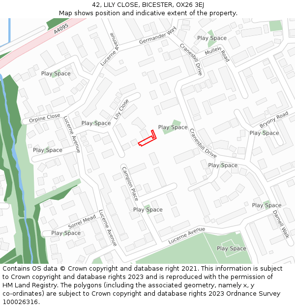 42, LILY CLOSE, BICESTER, OX26 3EJ: Location map and indicative extent of plot