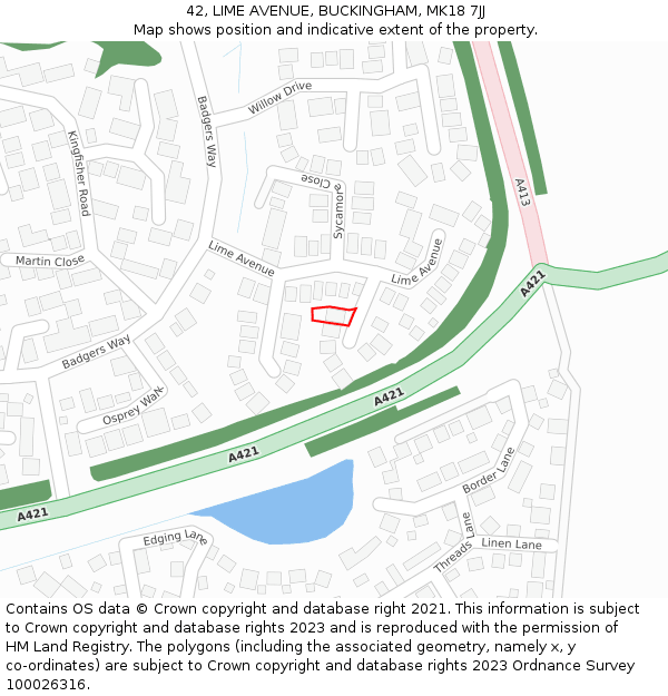 42, LIME AVENUE, BUCKINGHAM, MK18 7JJ: Location map and indicative extent of plot