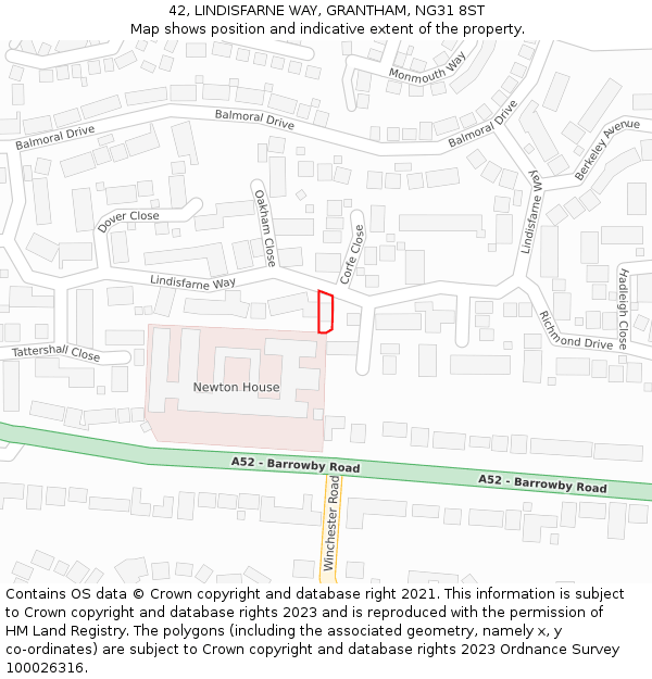 42, LINDISFARNE WAY, GRANTHAM, NG31 8ST: Location map and indicative extent of plot