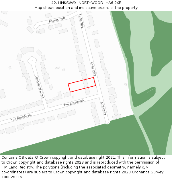 42, LINKSWAY, NORTHWOOD, HA6 2XB: Location map and indicative extent of plot