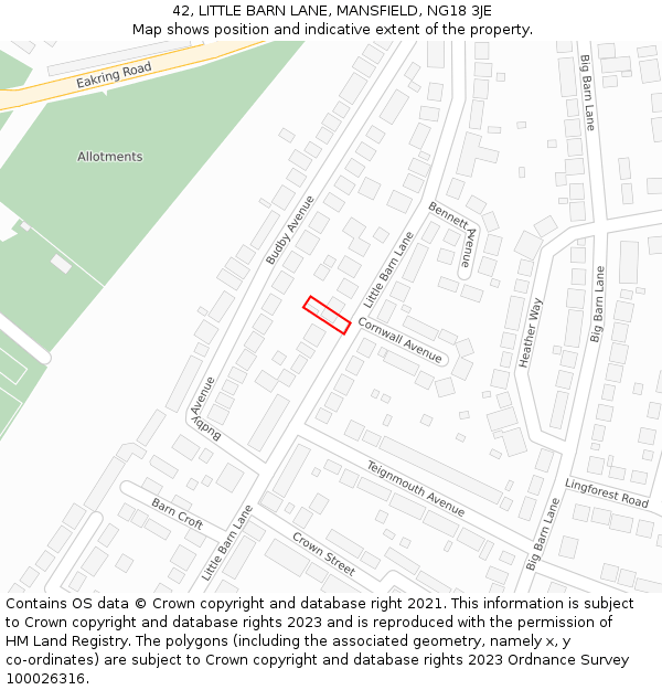 42, LITTLE BARN LANE, MANSFIELD, NG18 3JE: Location map and indicative extent of plot