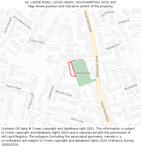 42, LODGE ROAD, LOCKS HEATH, SOUTHAMPTON, SO31 6QY: Location map and indicative extent of plot