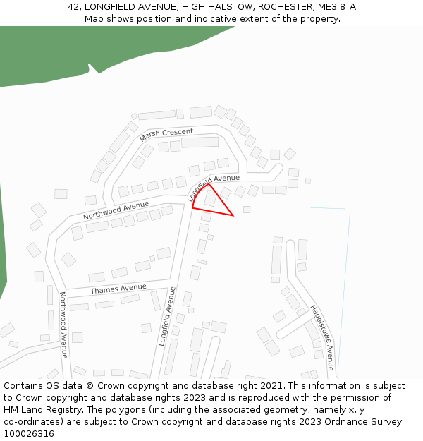 42, LONGFIELD AVENUE, HIGH HALSTOW, ROCHESTER, ME3 8TA: Location map and indicative extent of plot