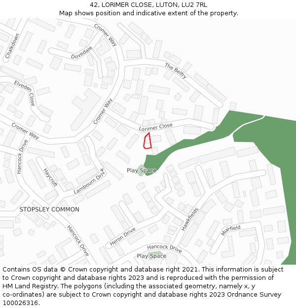 42, LORIMER CLOSE, LUTON, LU2 7RL: Location map and indicative extent of plot