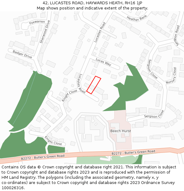 42, LUCASTES ROAD, HAYWARDS HEATH, RH16 1JP: Location map and indicative extent of plot