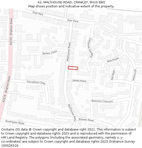 42, MALTHOUSE ROAD, CRAWLEY, RH10 6BG: Location map and indicative extent of plot