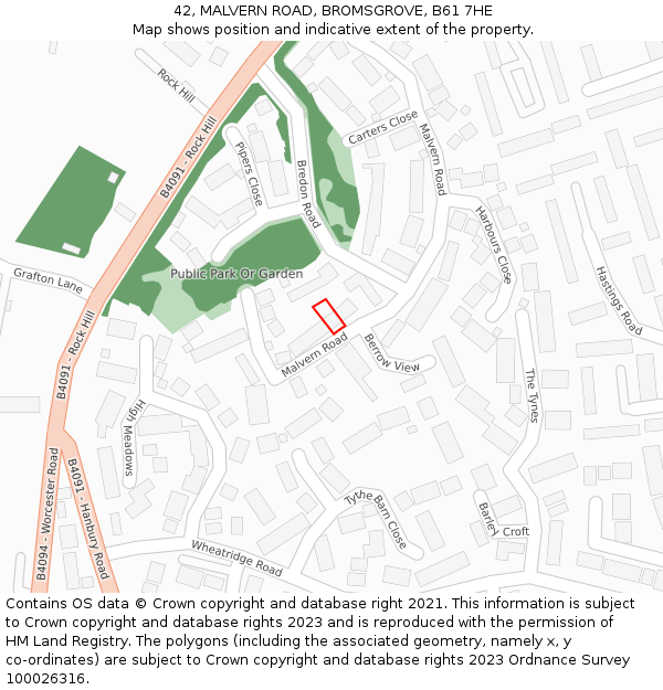 42, MALVERN ROAD, BROMSGROVE, B61 7HE: Location map and indicative extent of plot