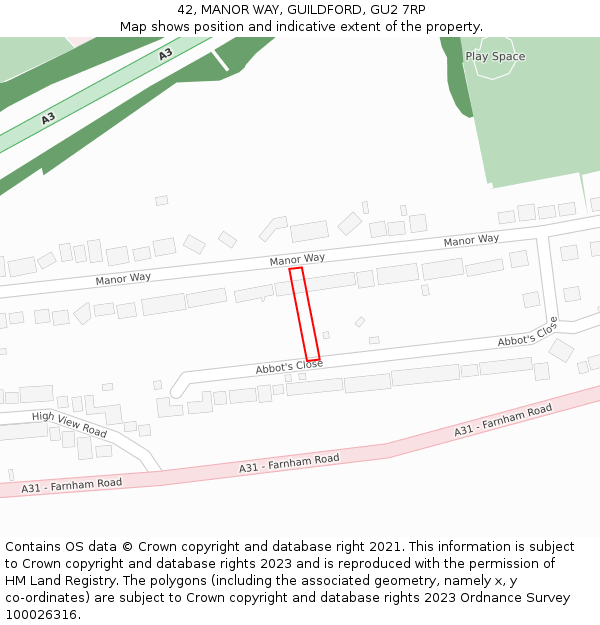 42, MANOR WAY, GUILDFORD, GU2 7RP: Location map and indicative extent of plot