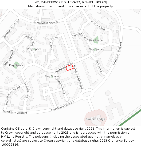 42, MANSBROOK BOULEVARD, IPSWICH, IP3 9GJ: Location map and indicative extent of plot