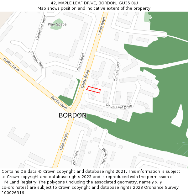 42, MAPLE LEAF DRIVE, BORDON, GU35 0JU: Location map and indicative extent of plot