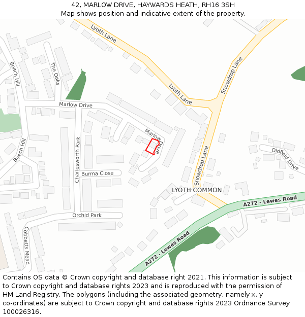 42, MARLOW DRIVE, HAYWARDS HEATH, RH16 3SH: Location map and indicative extent of plot