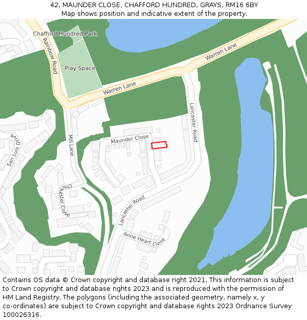 42, MAUNDER CLOSE, CHAFFORD HUNDRED, GRAYS, RM16 6BY: Location map and indicative extent of plot