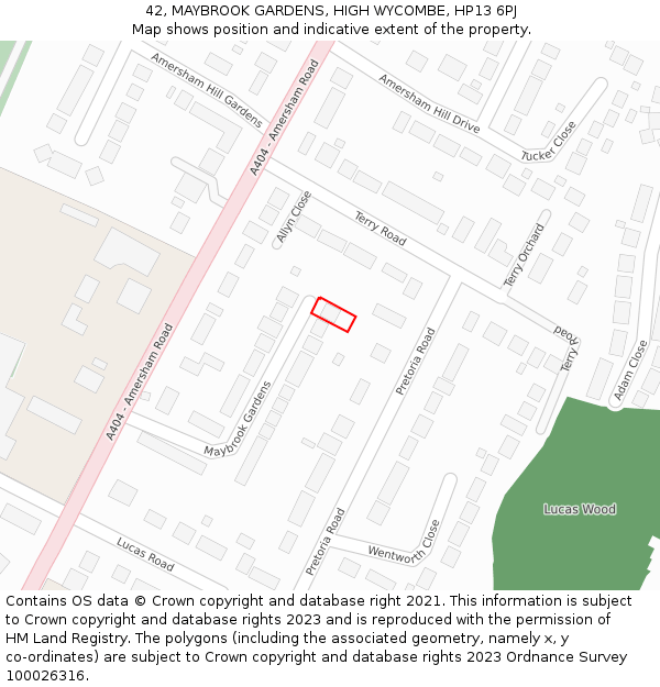 42, MAYBROOK GARDENS, HIGH WYCOMBE, HP13 6PJ: Location map and indicative extent of plot