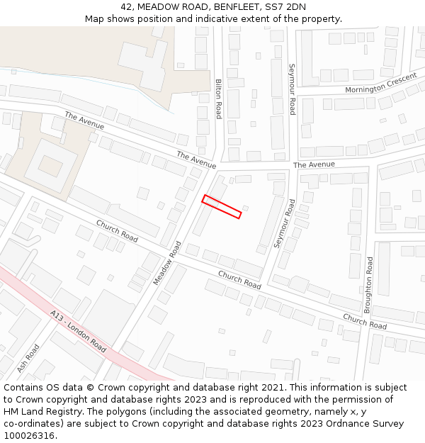 42, MEADOW ROAD, BENFLEET, SS7 2DN: Location map and indicative extent of plot