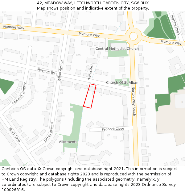 42, MEADOW WAY, LETCHWORTH GARDEN CITY, SG6 3HX: Location map and indicative extent of plot