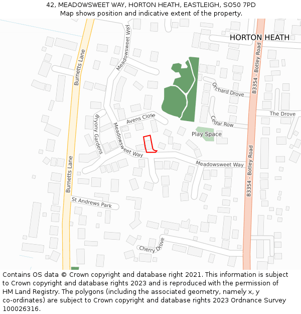 42, MEADOWSWEET WAY, HORTON HEATH, EASTLEIGH, SO50 7PD: Location map and indicative extent of plot