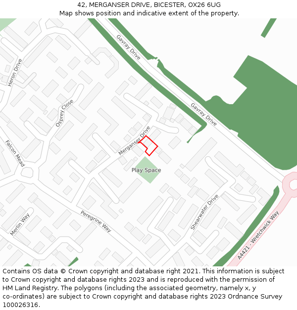 42, MERGANSER DRIVE, BICESTER, OX26 6UG: Location map and indicative extent of plot