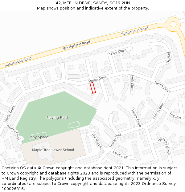 42, MERLIN DRIVE, SANDY, SG19 2UN: Location map and indicative extent of plot