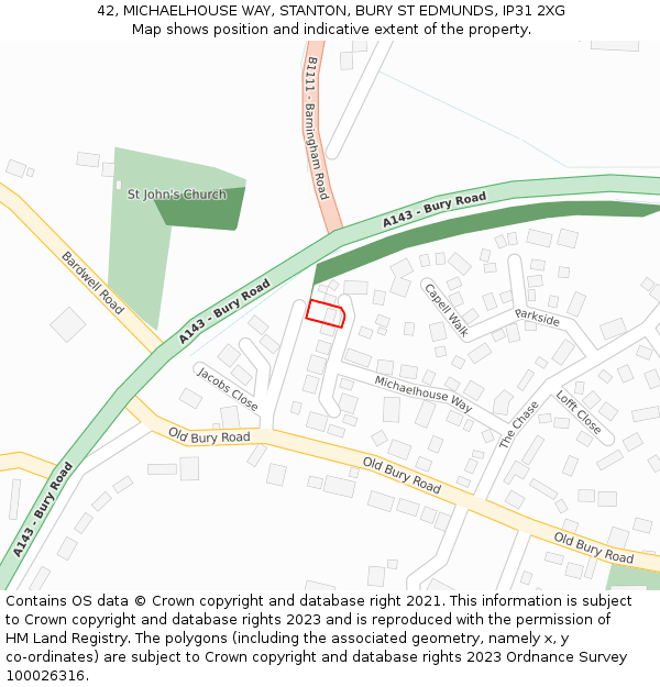 42, MICHAELHOUSE WAY, STANTON, BURY ST EDMUNDS, IP31 2XG: Location map and indicative extent of plot