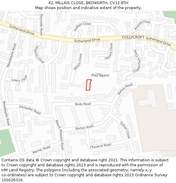 42, MILLAIS CLOSE, BEDWORTH, CV12 8TH: Location map and indicative extent of plot