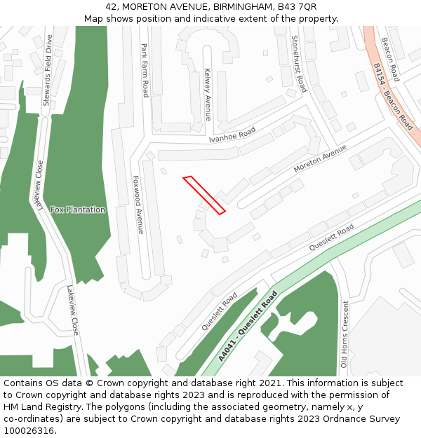 42, MORETON AVENUE, BIRMINGHAM, B43 7QR: Location map and indicative extent of plot