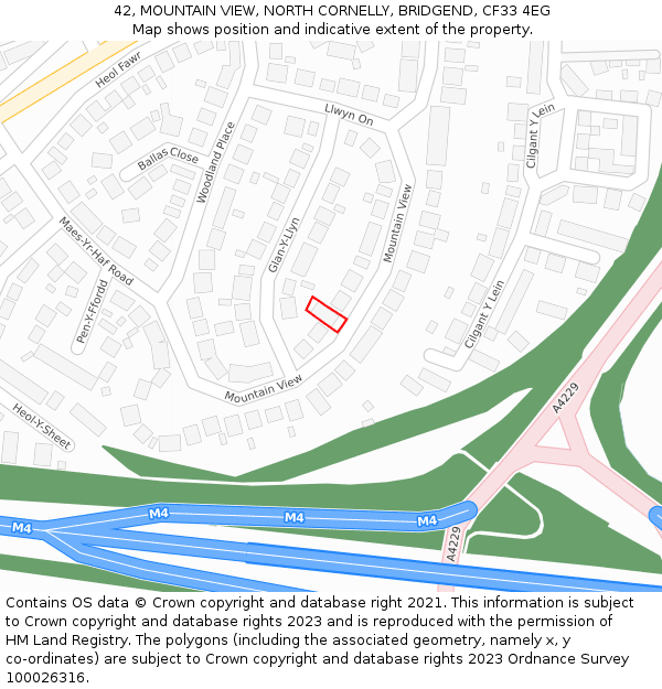 42, MOUNTAIN VIEW, NORTH CORNELLY, BRIDGEND, CF33 4EG: Location map and indicative extent of plot