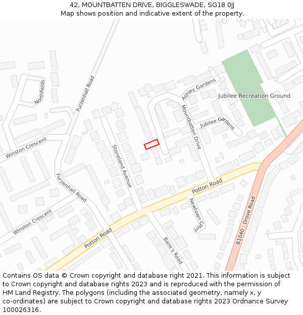 42, MOUNTBATTEN DRIVE, BIGGLESWADE, SG18 0JJ: Location map and indicative extent of plot