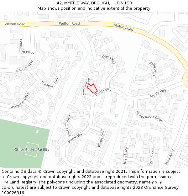 42, MYRTLE WAY, BROUGH, HU15 1SR: Location map and indicative extent of plot
