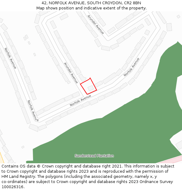 42, NORFOLK AVENUE, SOUTH CROYDON, CR2 8BN: Location map and indicative extent of plot