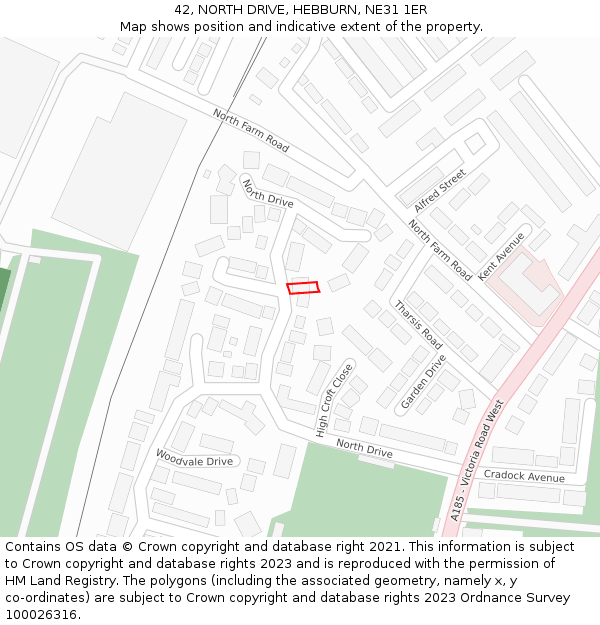 42, NORTH DRIVE, HEBBURN, NE31 1ER: Location map and indicative extent of plot