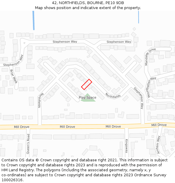 42, NORTHFIELDS, BOURNE, PE10 9DB: Location map and indicative extent of plot