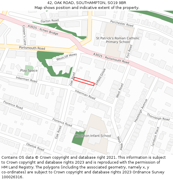 42, OAK ROAD, SOUTHAMPTON, SO19 9BR: Location map and indicative extent of plot