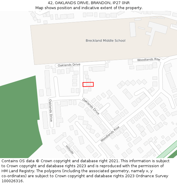 42, OAKLANDS DRIVE, BRANDON, IP27 0NR: Location map and indicative extent of plot