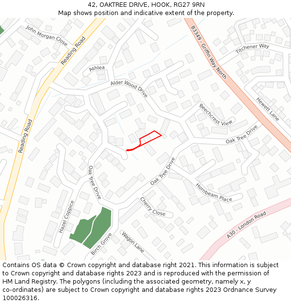 42, OAKTREE DRIVE, HOOK, RG27 9RN: Location map and indicative extent of plot