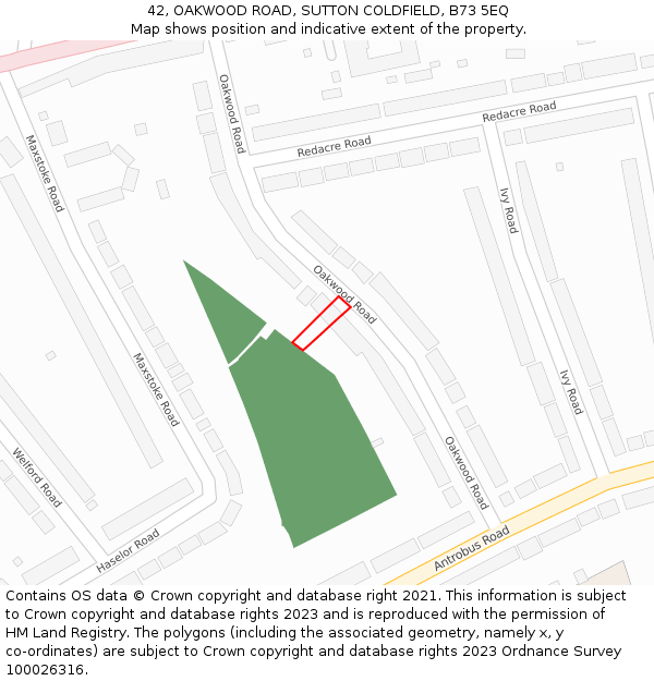 42, OAKWOOD ROAD, SUTTON COLDFIELD, B73 5EQ: Location map and indicative extent of plot