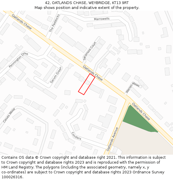 42, OATLANDS CHASE, WEYBRIDGE, KT13 9RT: Location map and indicative extent of plot