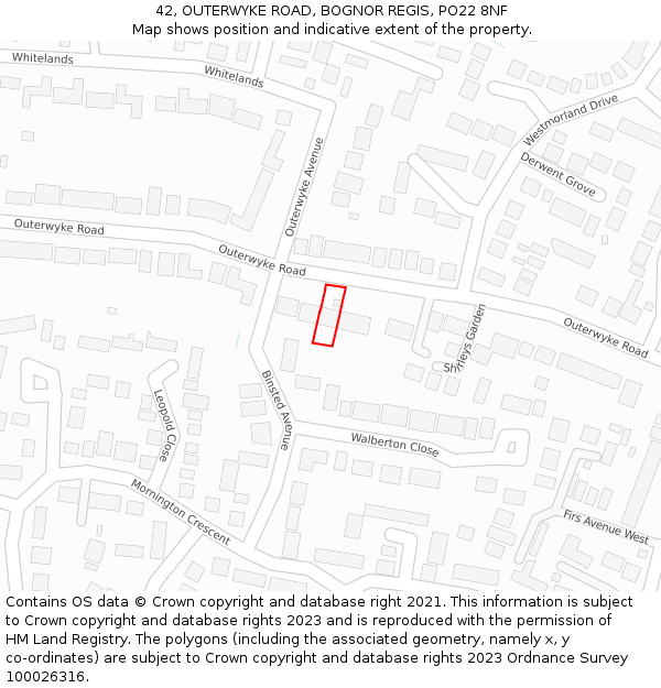 42, OUTERWYKE ROAD, BOGNOR REGIS, PO22 8NF: Location map and indicative extent of plot