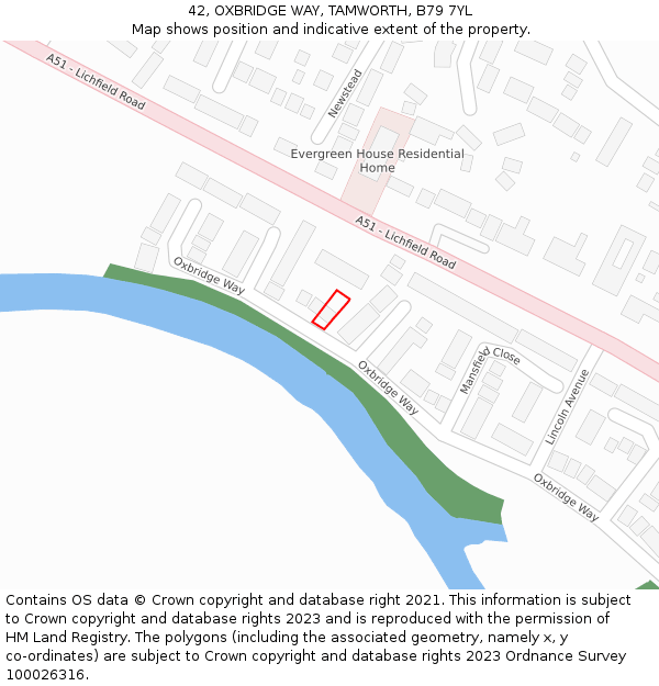 42, OXBRIDGE WAY, TAMWORTH, B79 7YL: Location map and indicative extent of plot