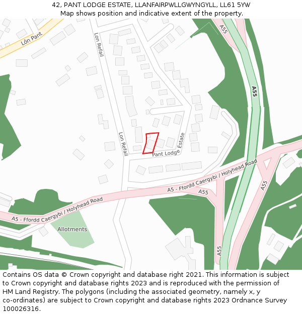 42, PANT LODGE ESTATE, LLANFAIRPWLLGWYNGYLL, LL61 5YW: Location map and indicative extent of plot