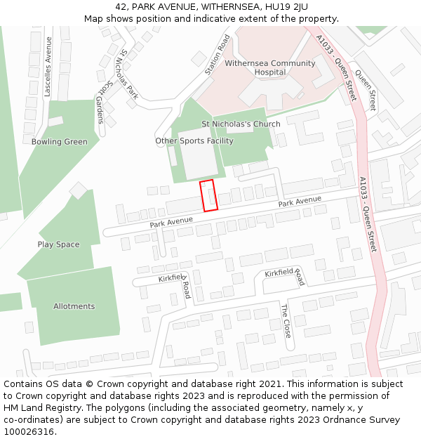 42, PARK AVENUE, WITHERNSEA, HU19 2JU: Location map and indicative extent of plot