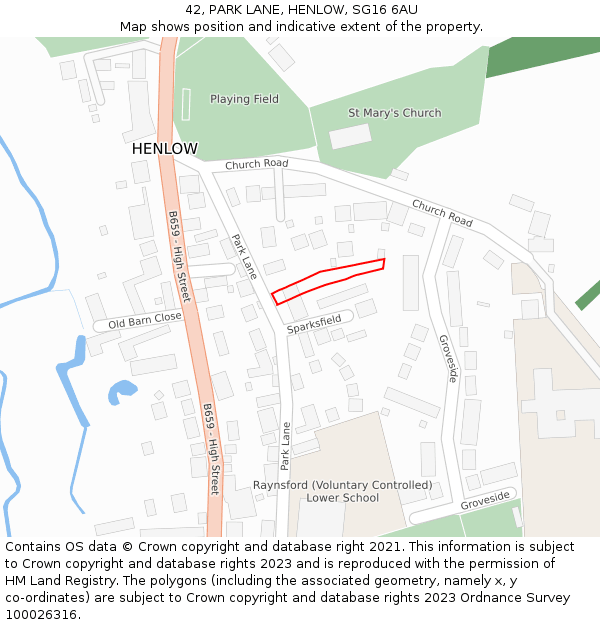 42, PARK LANE, HENLOW, SG16 6AU: Location map and indicative extent of plot